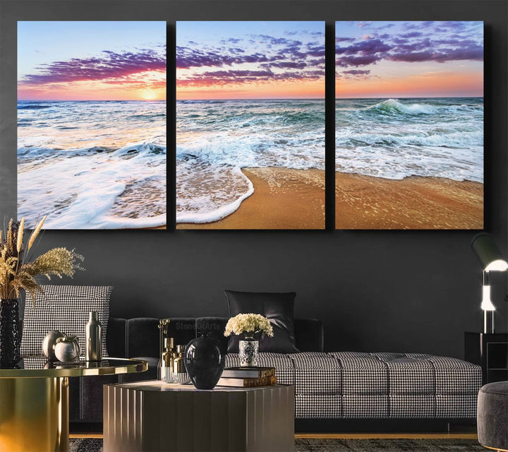 The Tropical Beach Waves Art Print, depicting an ocean sunset and sandy shore, enriches the coastal decor of the dining area.