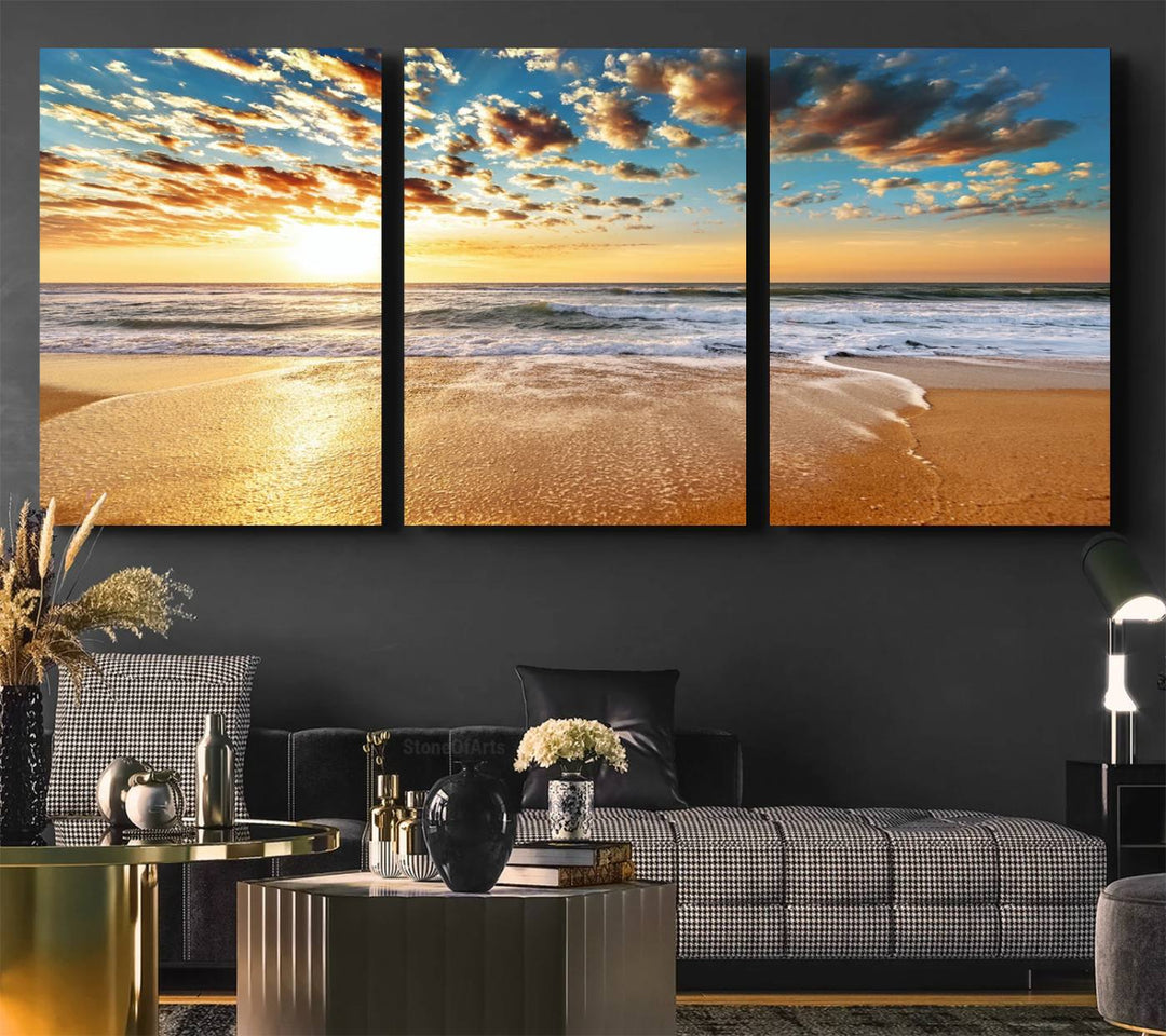 A gallery-wrapped canvas titled Soothing Sunset on Calm Beach is featured.