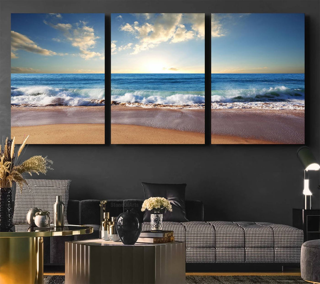 The dining room features a Coastal Tropical Beach Sunset canvas wall art.