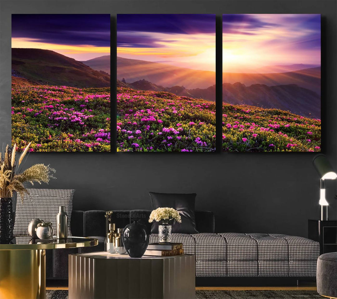 Gallery-wrapped wall art of a stunning mountain sunset and purple flowers.