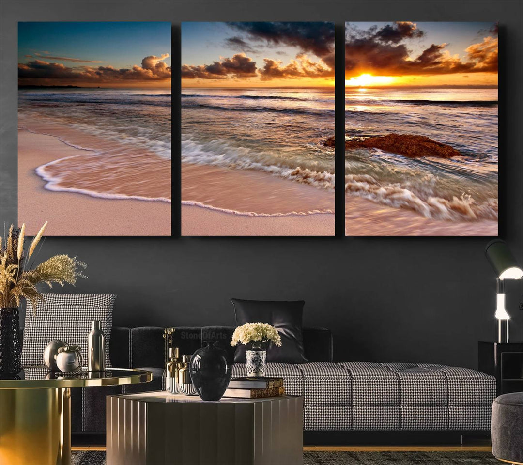 Coastal dining room decor: serene ocean waves triptych canvas.