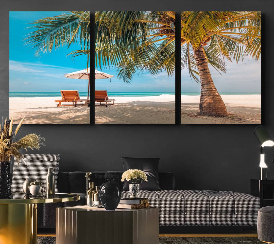 The 3-panel Tropical Beach Wall Art features palm trees and sun loungers, perfect for coastal decor.