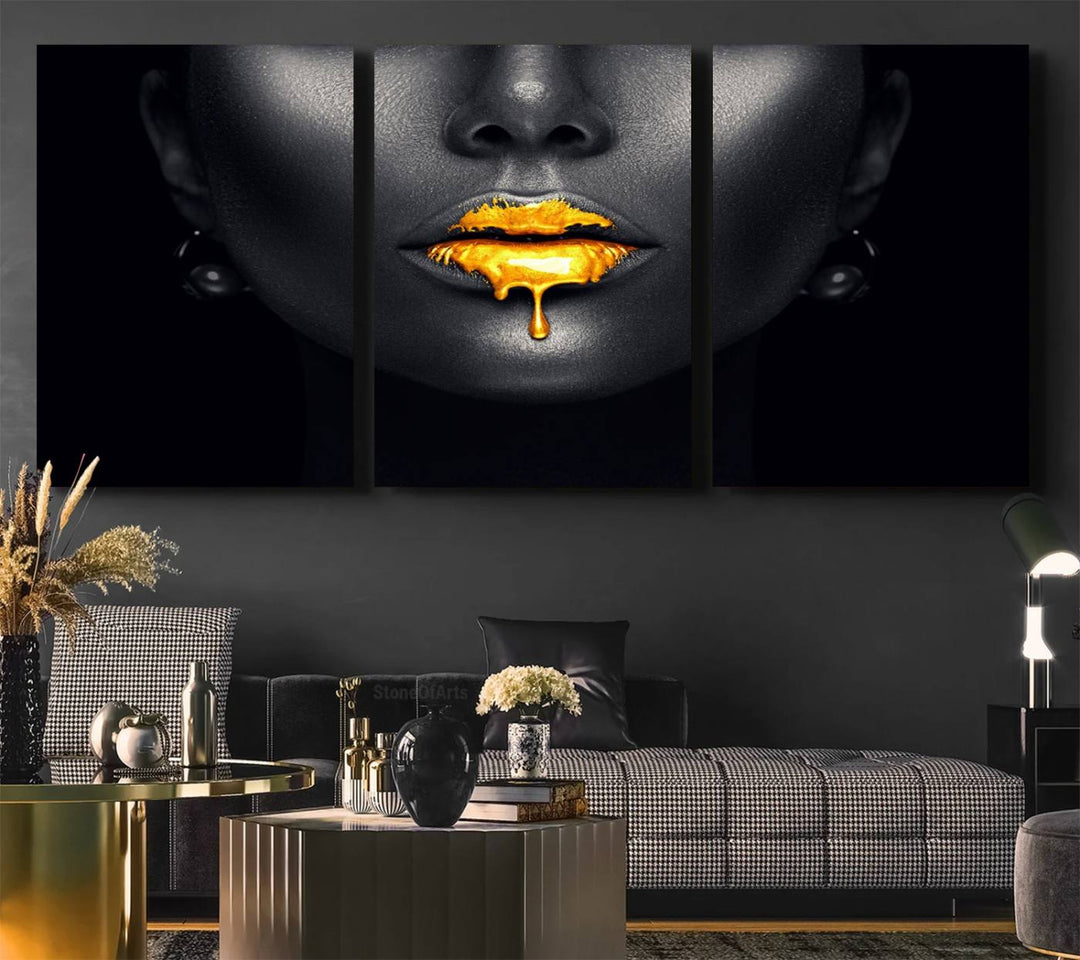 The Honey Gold Lips and Black Woman Photograph canvas print adds a striking touch to the room.