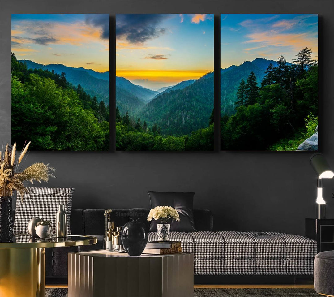 The Glamorous Landscape Canvas Wall Art is featured in the dining room.