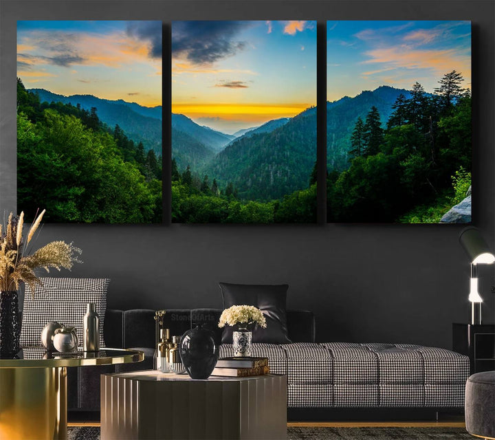 The Glamorous Landscape Canvas Wall Art is featured in the dining room.