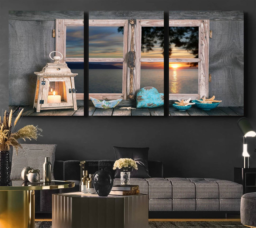 The Astonishing Sunset from the Window canvas print beautifully captures a sea view, accompanied by a lantern and starfish.