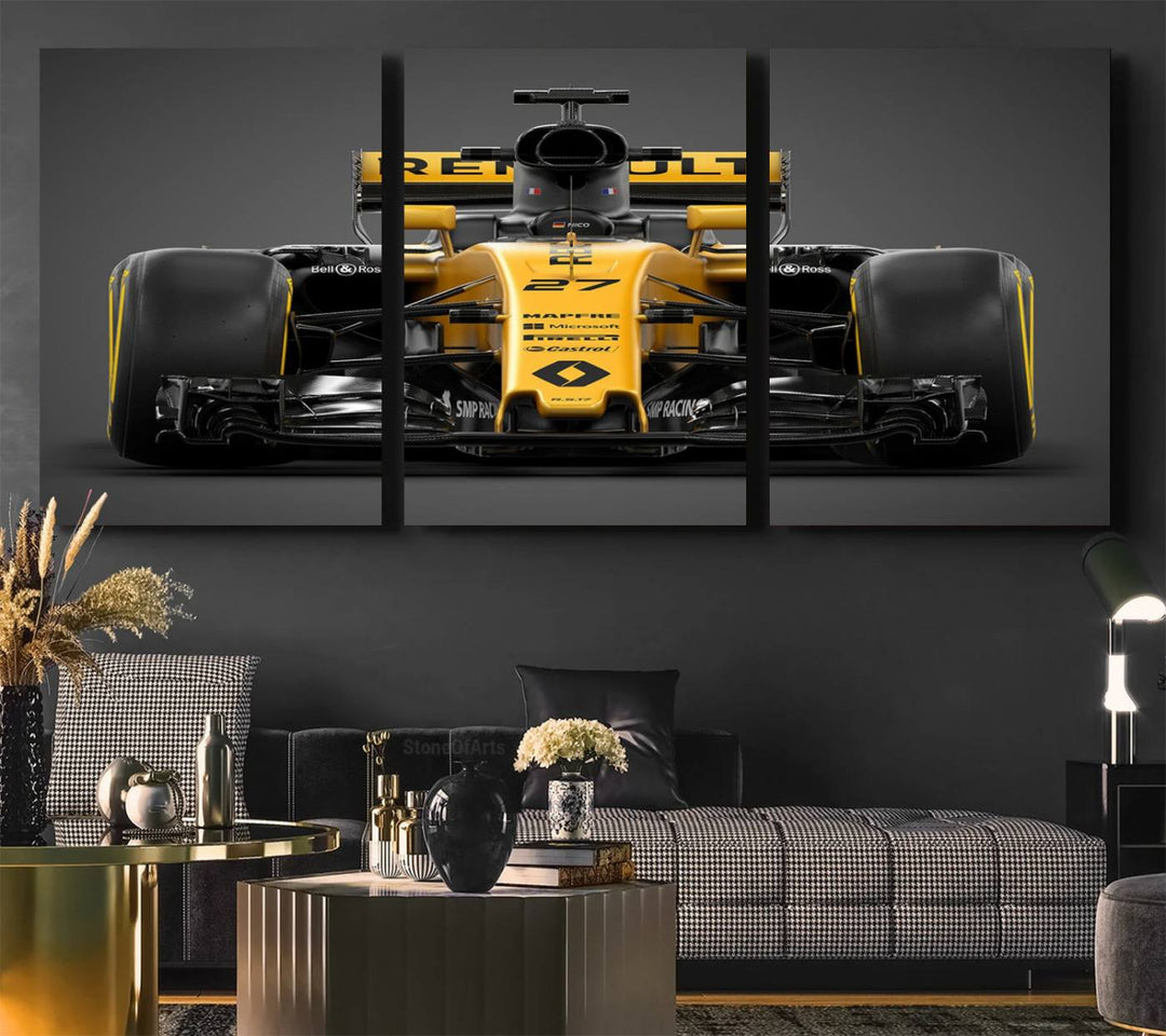 A yellow and black F1 Renault car canvas print with free shipping.