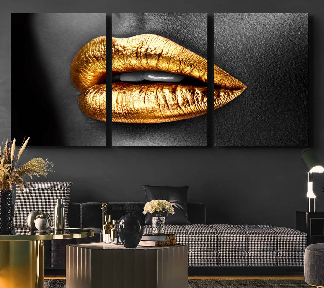 The Gold Lips Canvas Wall Art on a black background is showcased.