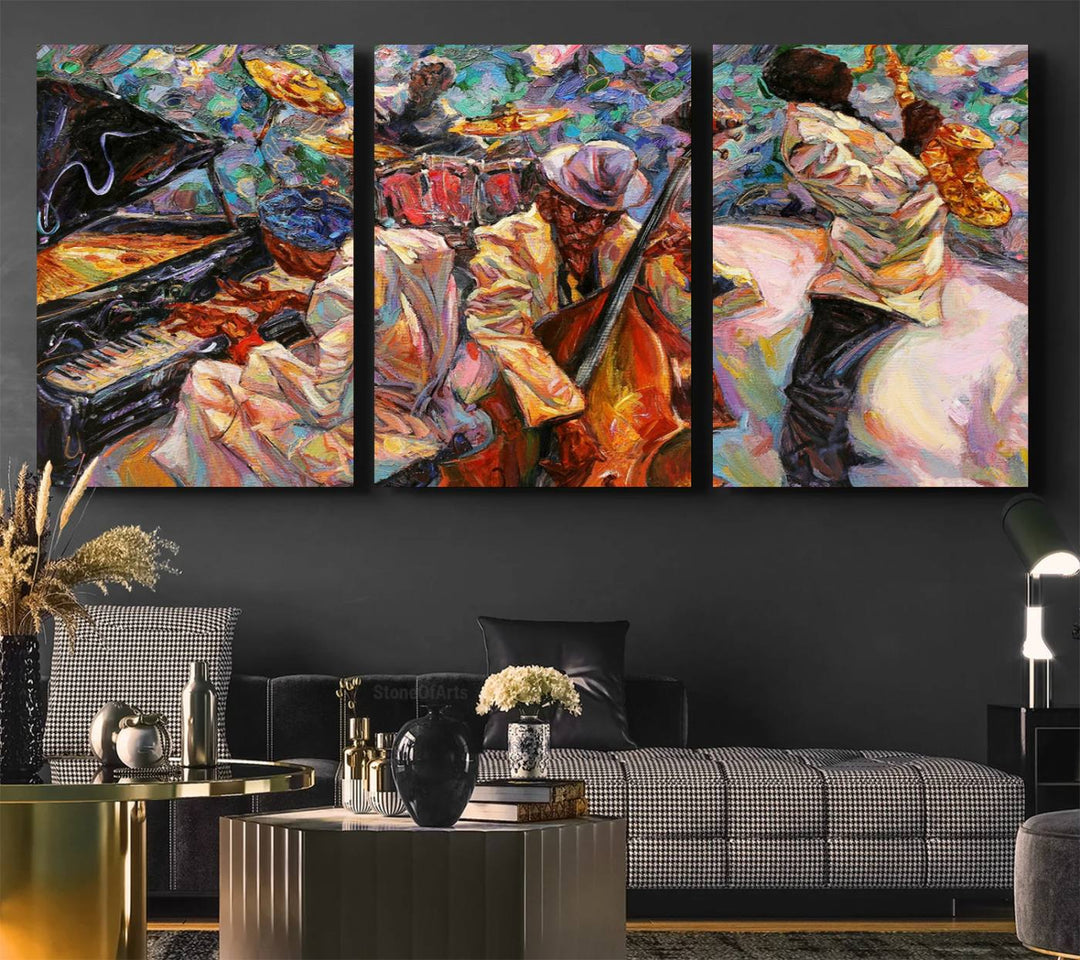 The wall features an African American Jazz Art Music Abstract Painting on Canvas.