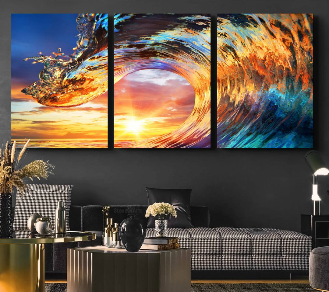 Wave Canvas Wall Art: A multi-panel sunset ocean scene that adds vibrant decor to any space.