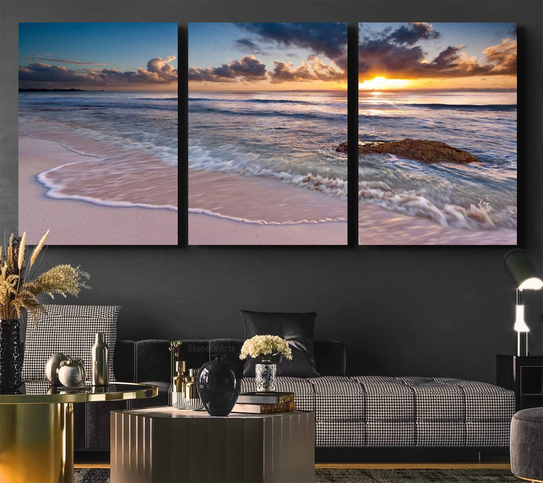 The room features a Sunset Beach Waves Canvas above the counter.