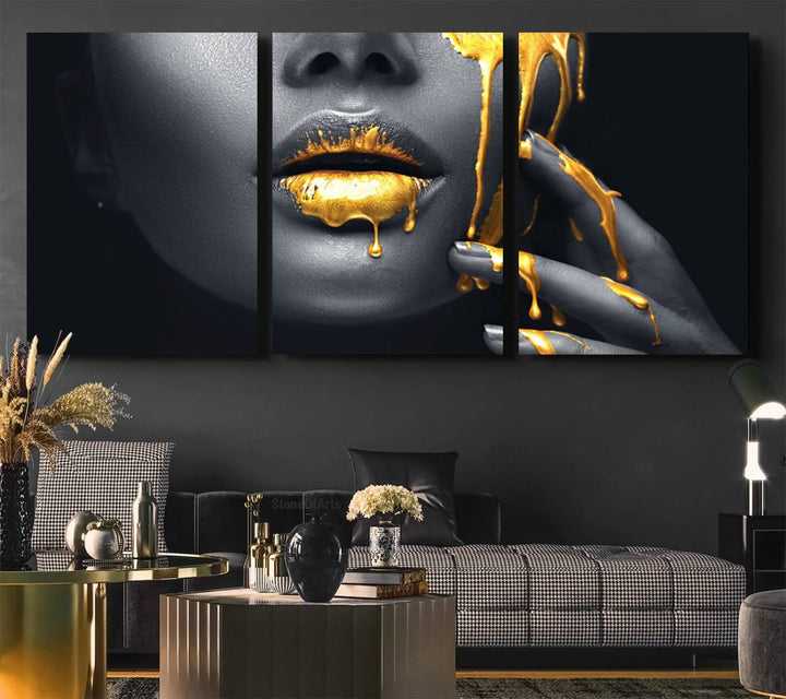 Above the dining area is the Gold Glitter Lips Fashion Makeup canvas wall art.