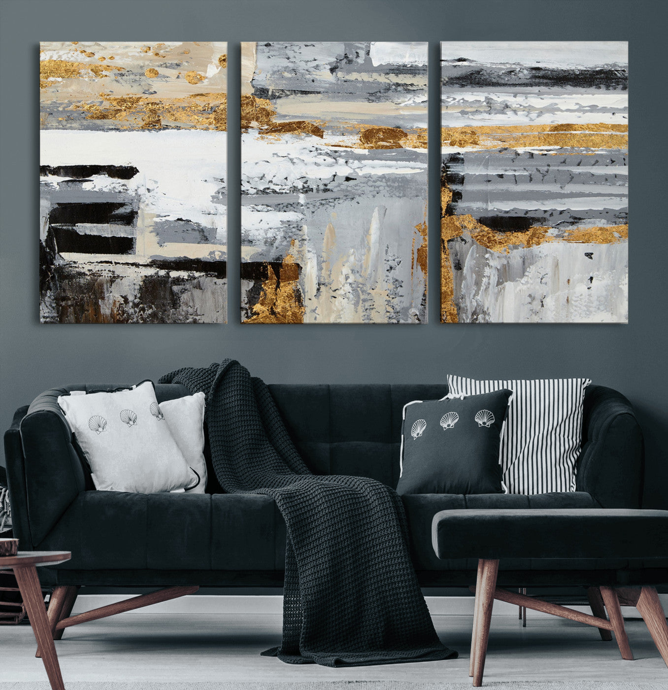 43177-MGV-CV-60X30-3P-Abstract Painting Canvas Wall Art Print Paint Drip Art Brush Strokes Gray Artwork