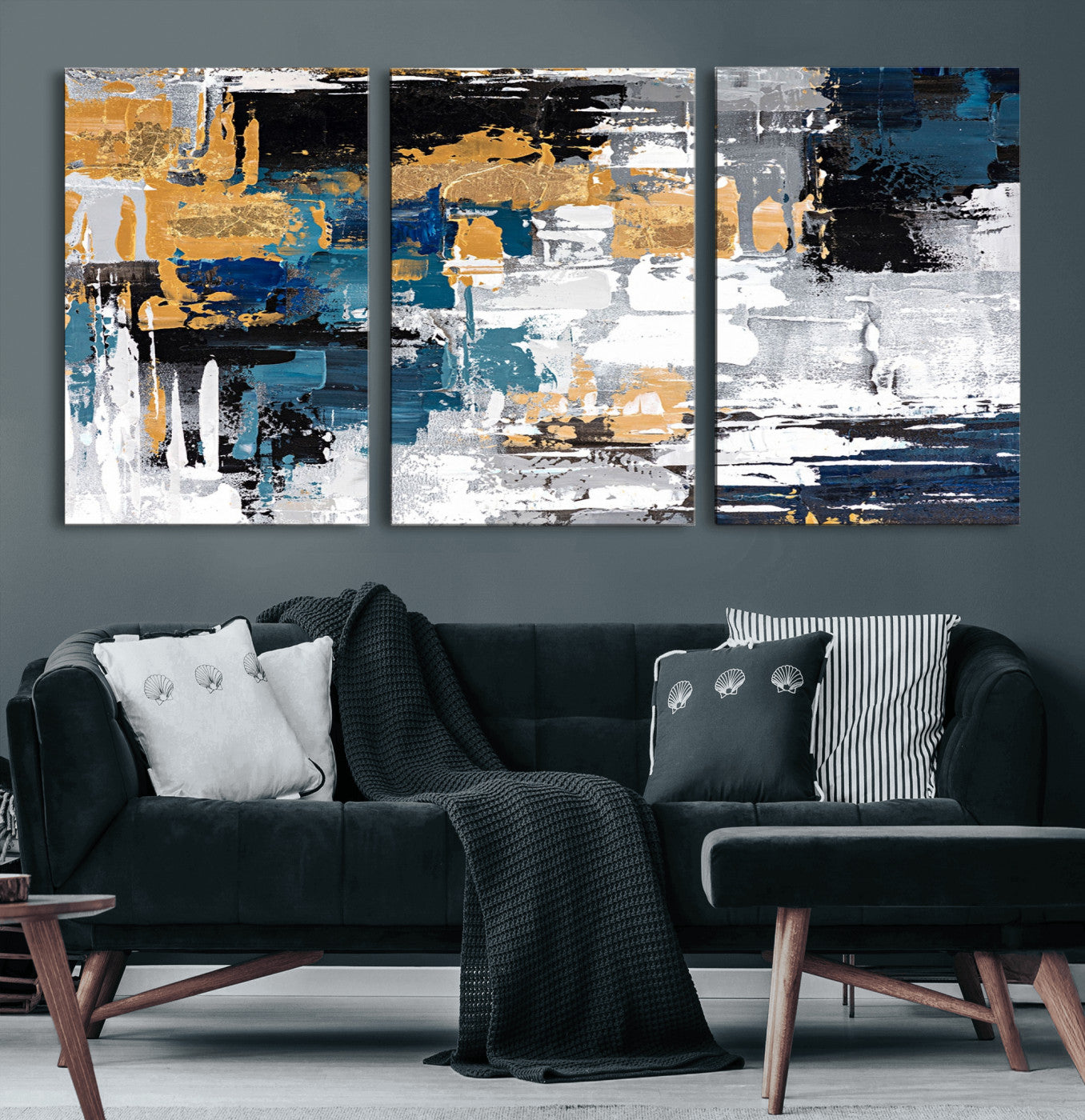 57708-MGV-CV-60X30-3P-Blue and Gold Abstract Canvas Wall Art – Triptych Modern Painting for Living Room – Framed and Ready