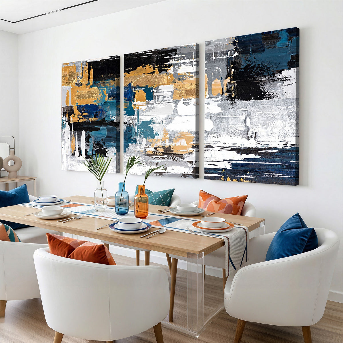 57708-_Poster-30x20 - Blue and Gold Abstract Canvas Wall Art | Triptych Modern Art Print