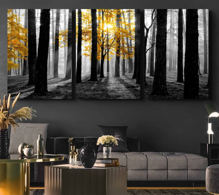 Nature Misty Foggy Autumn Forest Wall Art Print displayed above a modern dining room.