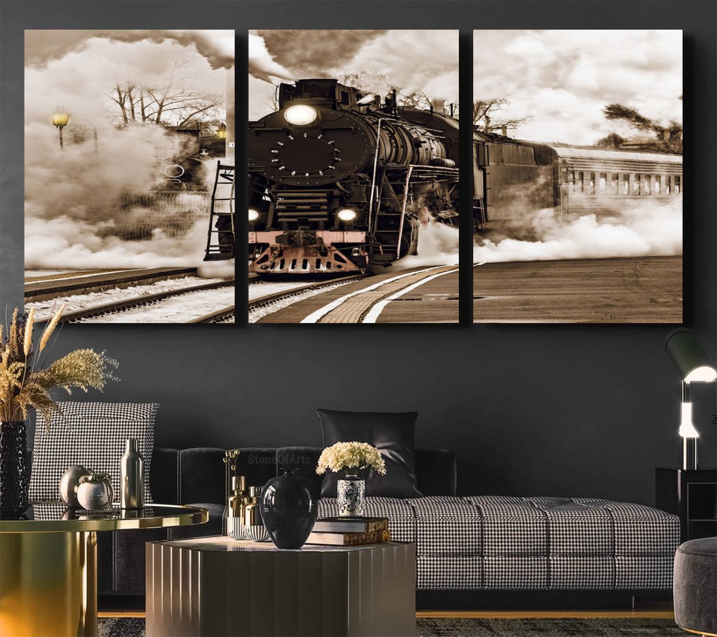 31136-MGV-CV-36X24-Black Steam Train Canvas Wall Art Print Steam Locomotive Art Canvas