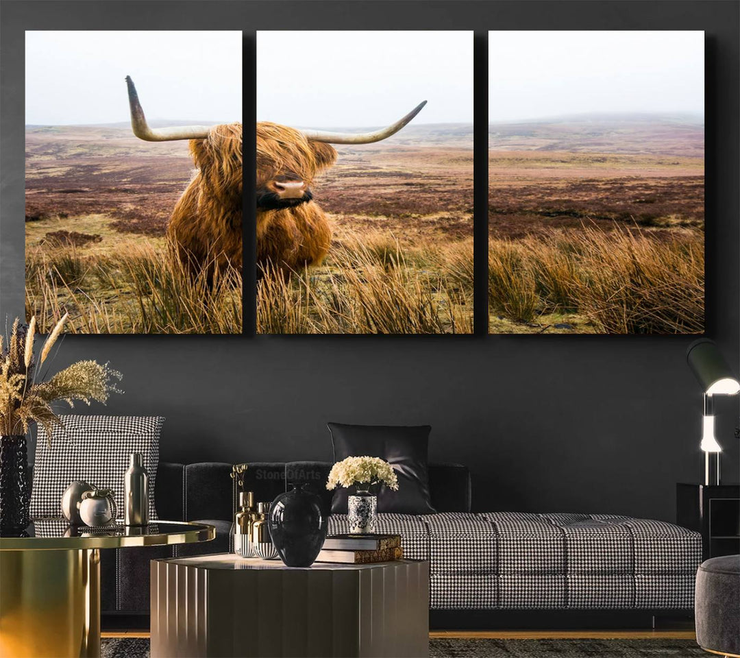 A ready-to-hang Scottish Highland Cow Cattle Canvas Wall Art.