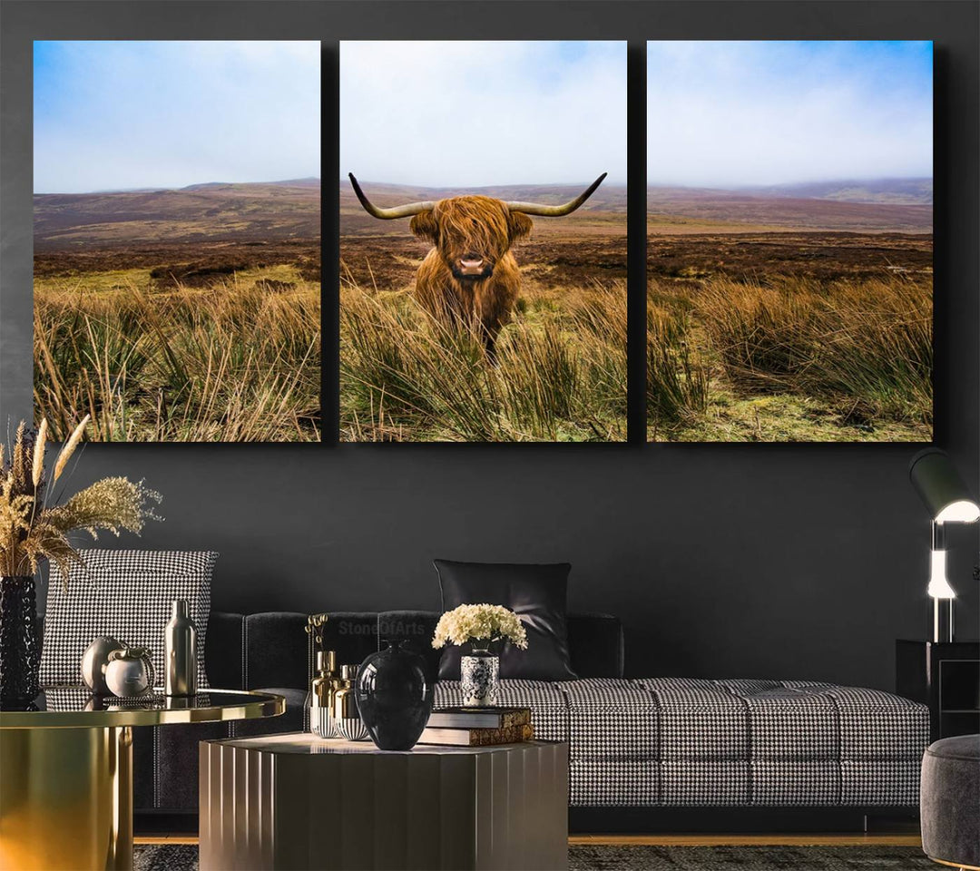 A Scottish Highland Cow art print canvas with UV-protection adorns the wall, preserving vivid details.