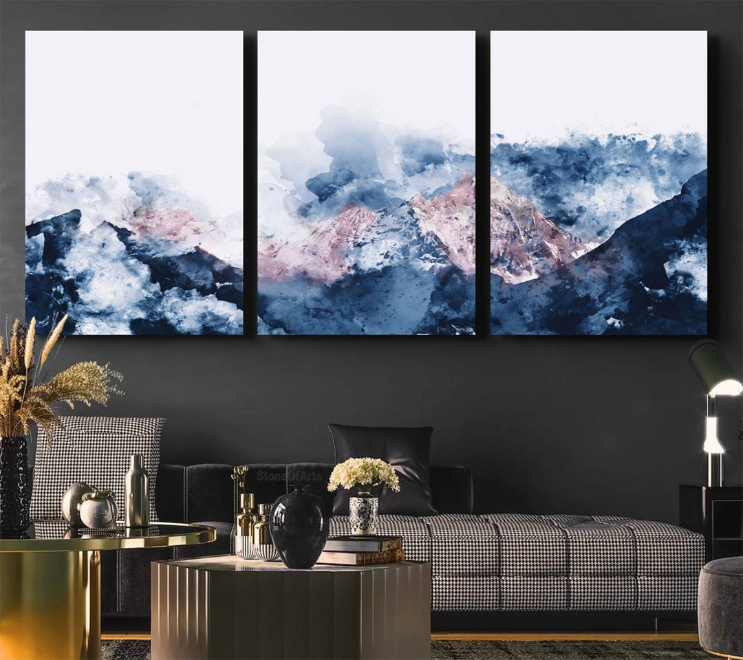 A modern kitchen showcases an Abstract Watercolor Mountain Landscape Art Canvas Print.