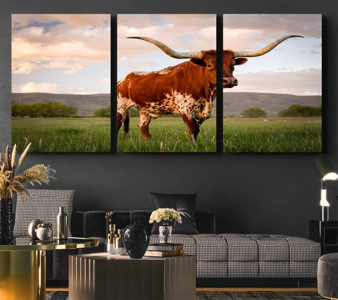 The Texas Cow Canvas Wall Art print captures a longhorn cow at sunset and is ready to hang.