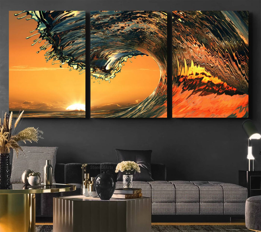 The Ocean Wave With Perfect Sunset canvas wall art adds a striking focal point to the room.