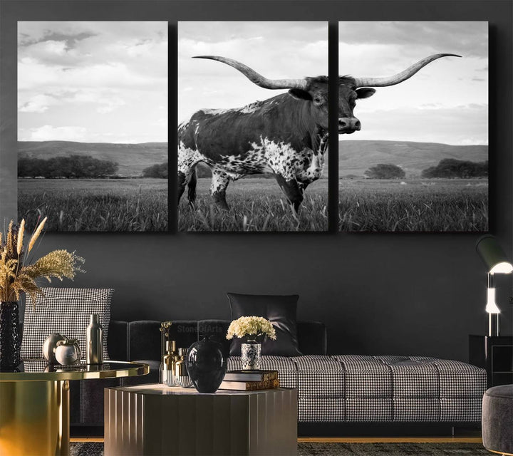 A Black and White Longhorn Texas Cow Canvas Wall Art.