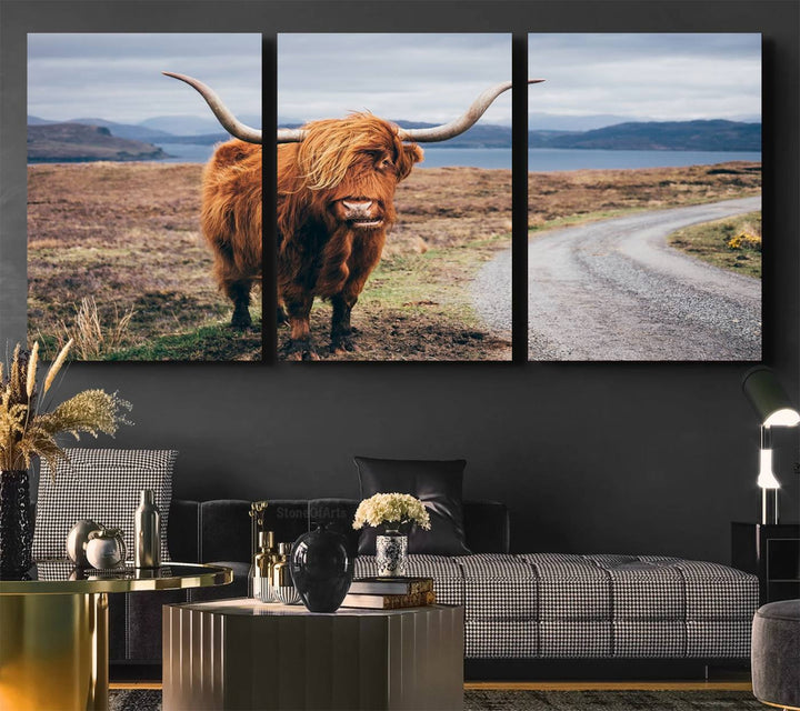 The Longhorn Highland Cow Canvas Wall Art is prominently displayed.