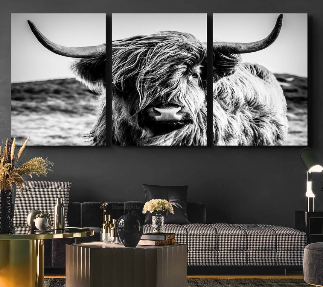 A Black and White Scottish Cow Canvas Print adorns the kitchen wall, perfect for farmhouse decor.