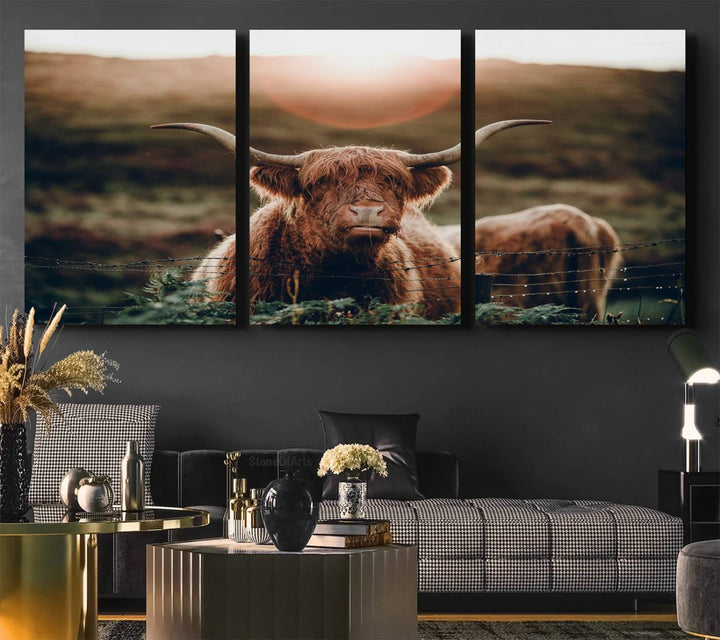 A Highland Cow Animal Canvas Wall Art, featuring a grassy field, is displayed on the wall.