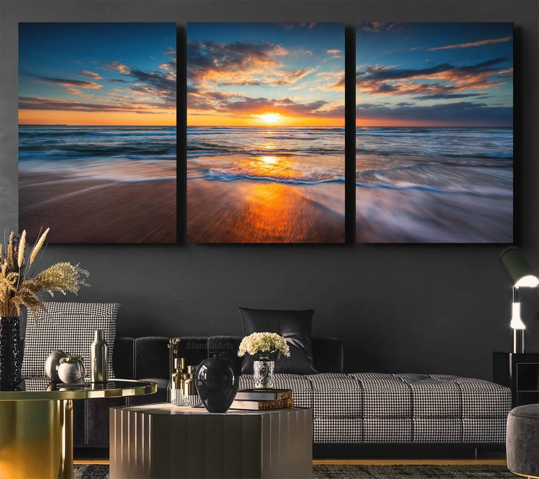 A museum-quality Beautiful Sunset over the Horizon canvas adorns the living room wall.