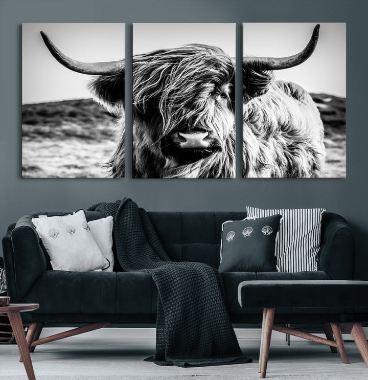 Highland Cow Wall Art | 3-Panel Black and White Highland Cow Canvas Print for Western Farmhouse Decor