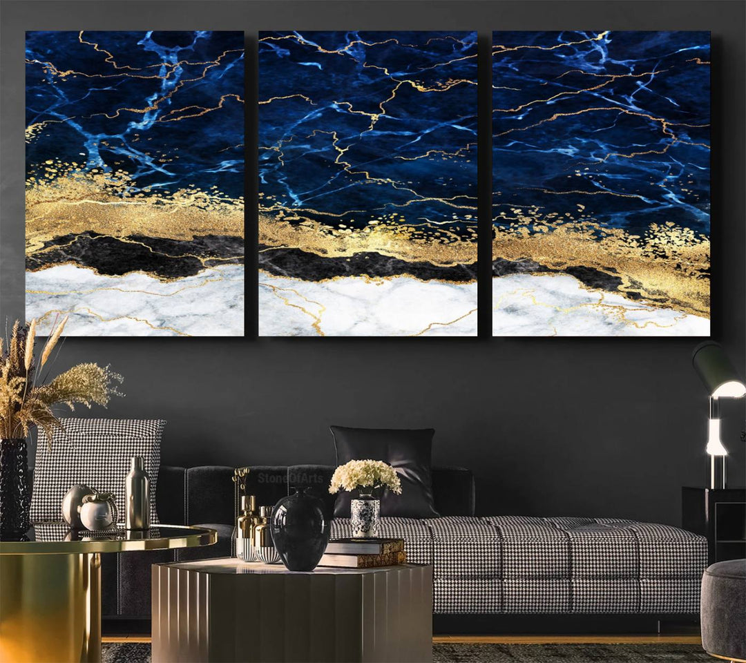 Navy Blue Marble Fluid Effect Canvas Wall Art, featuring a gold and white abstract design, adds a finishing touch to your modern kitchen decor.