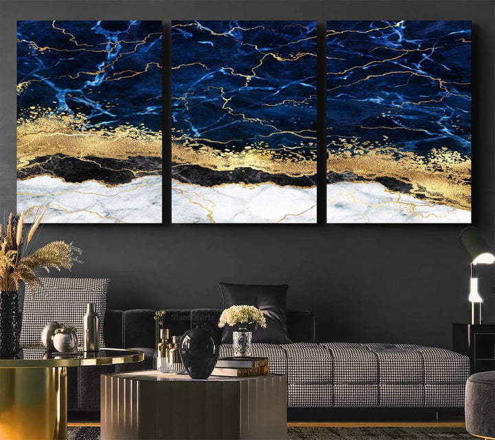 Navy Blue Marble Fluid Effect Canvas Wall Art, featuring a gold and white abstract design, adds a finishing touch to your modern kitchen decor.