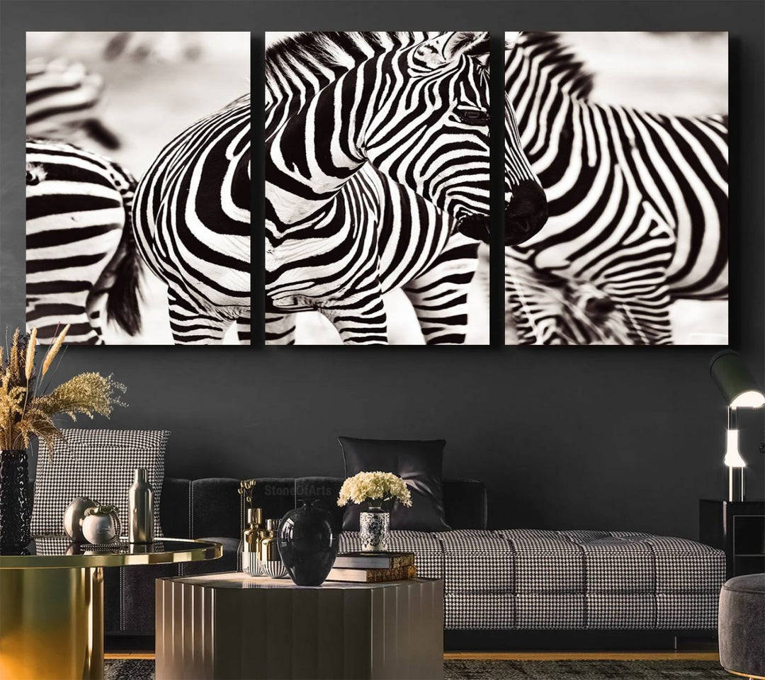 The Brilliant Zebra Photography Art Canvas Print hangs prominently on the wall.