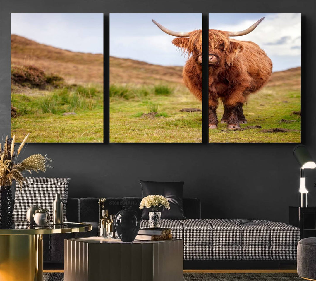 A Highland Cow Animal Canvas Wall Art hangs on the wall, adding warmth to the room.