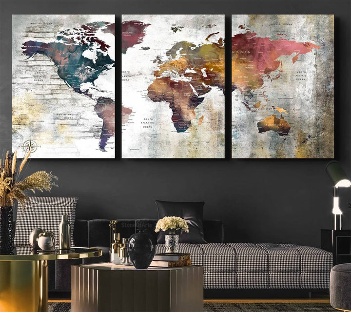 World Map Wall Art Triptych | 3-Panel Canvas Print Featuring Antique Style Map for Living Room, Office, Study, or Home Decor | Vintage Map Wall Art