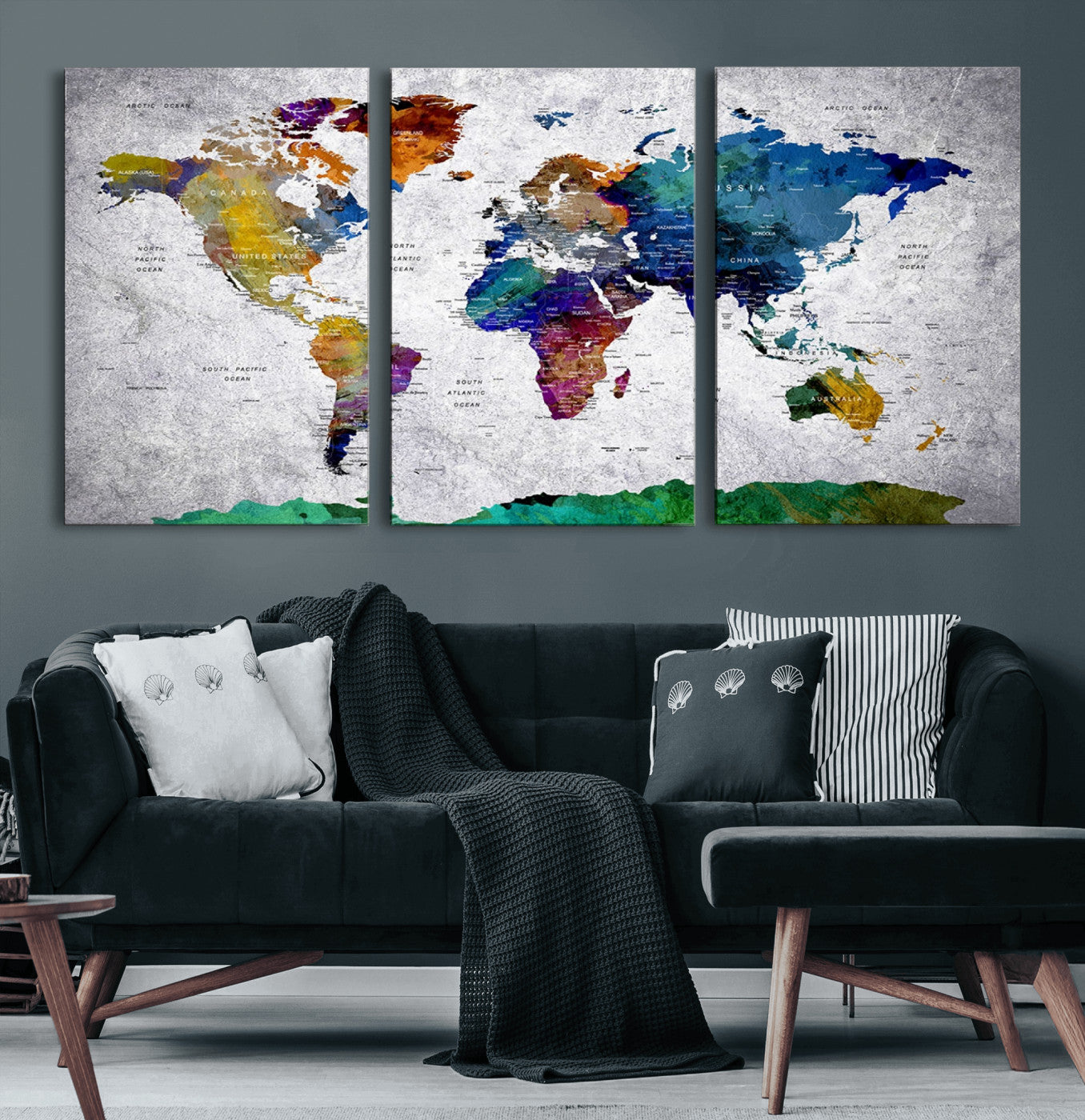 26840-MGV-CV-60X30-3P-Push Pin World Map Canvas Print – Framed Travel Tracker Wall Art for Couples, Anniversary Gift and Modern Home Decor