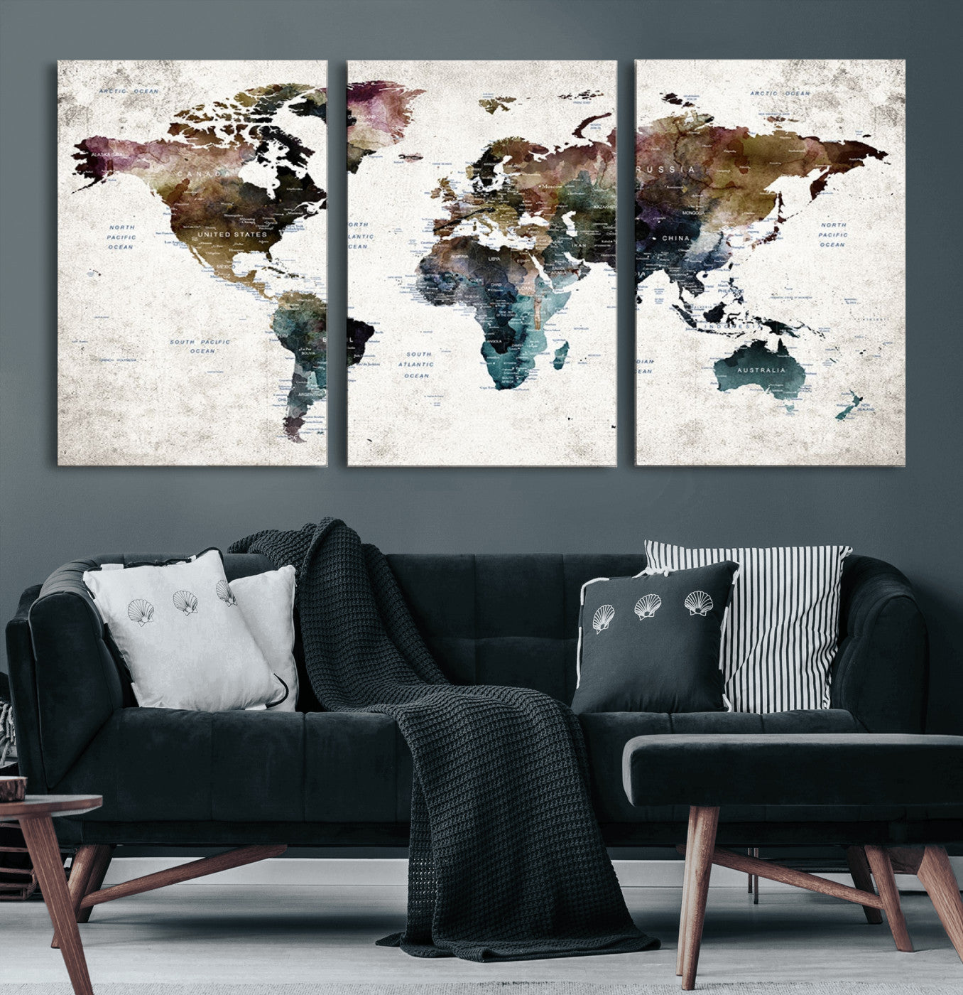 42478-MGV-CV-60X30-3P-Push Pin World Map Canvas Print – Framed Travel Map Wall Art for Couples, Anniversary Gift, Modern Home or Office Decor