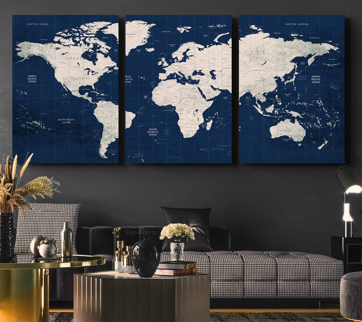 Large modern world map wall art canvas print in beige and navy; showcases a 3-panel vintage map design and is ready to hang.