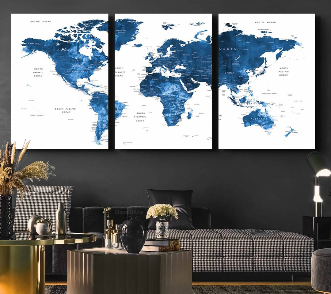 Navy Blue Wall Art World Map Canvas Print, an ideal piece for anyone seeking unique home or office decor.