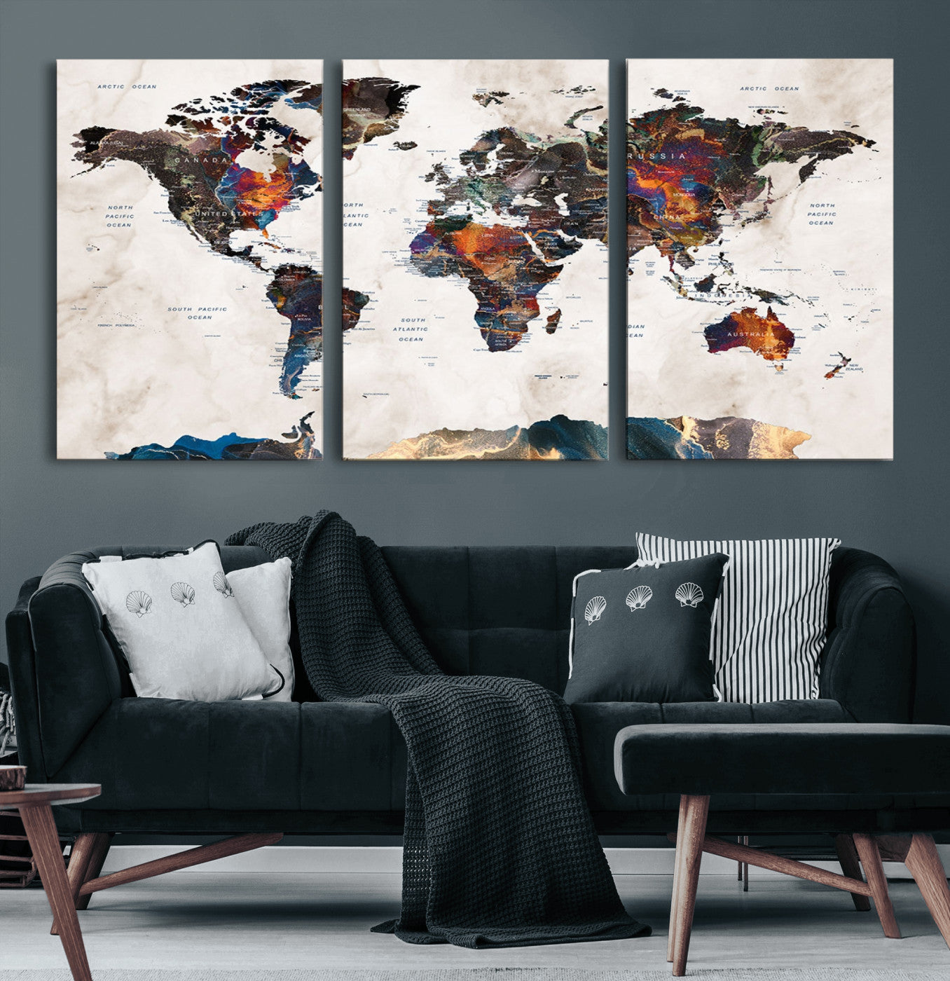 MGV-CV-60X30-3P - Push Pin World Map Canvas Print – Framed Wall Art for Couples to Track Their Travels – Anniversary