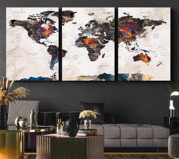 Watercolor World Map Canvas Print in earthy hues with a grunge background, ideal for wall decor.