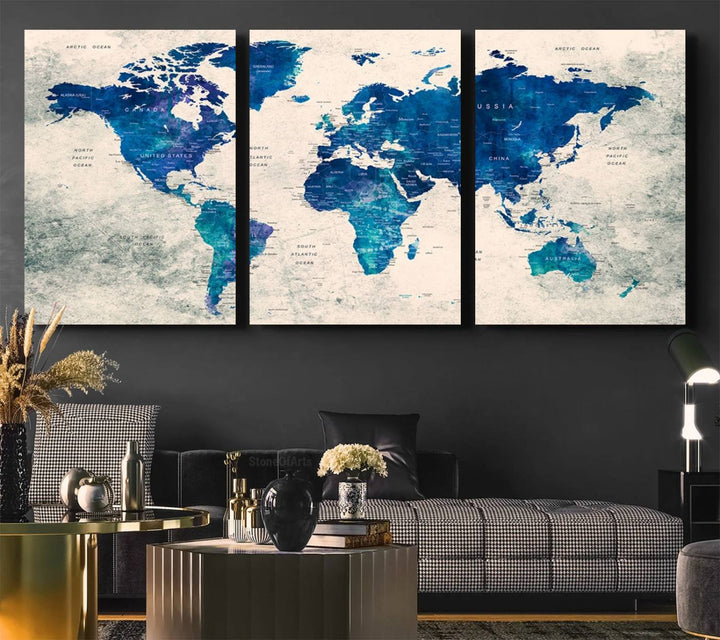 Navy Blue Push Pin World Map Canvas Print featuring a grunge-stained background, with labeled countries and oceans.