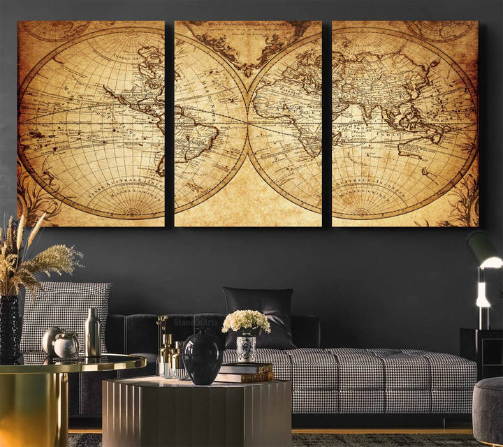 Vintage World Map Wall Art | 3-Panel Canvas Print for Living Room, Office, or Study | Giclee Canvas with Antique Design