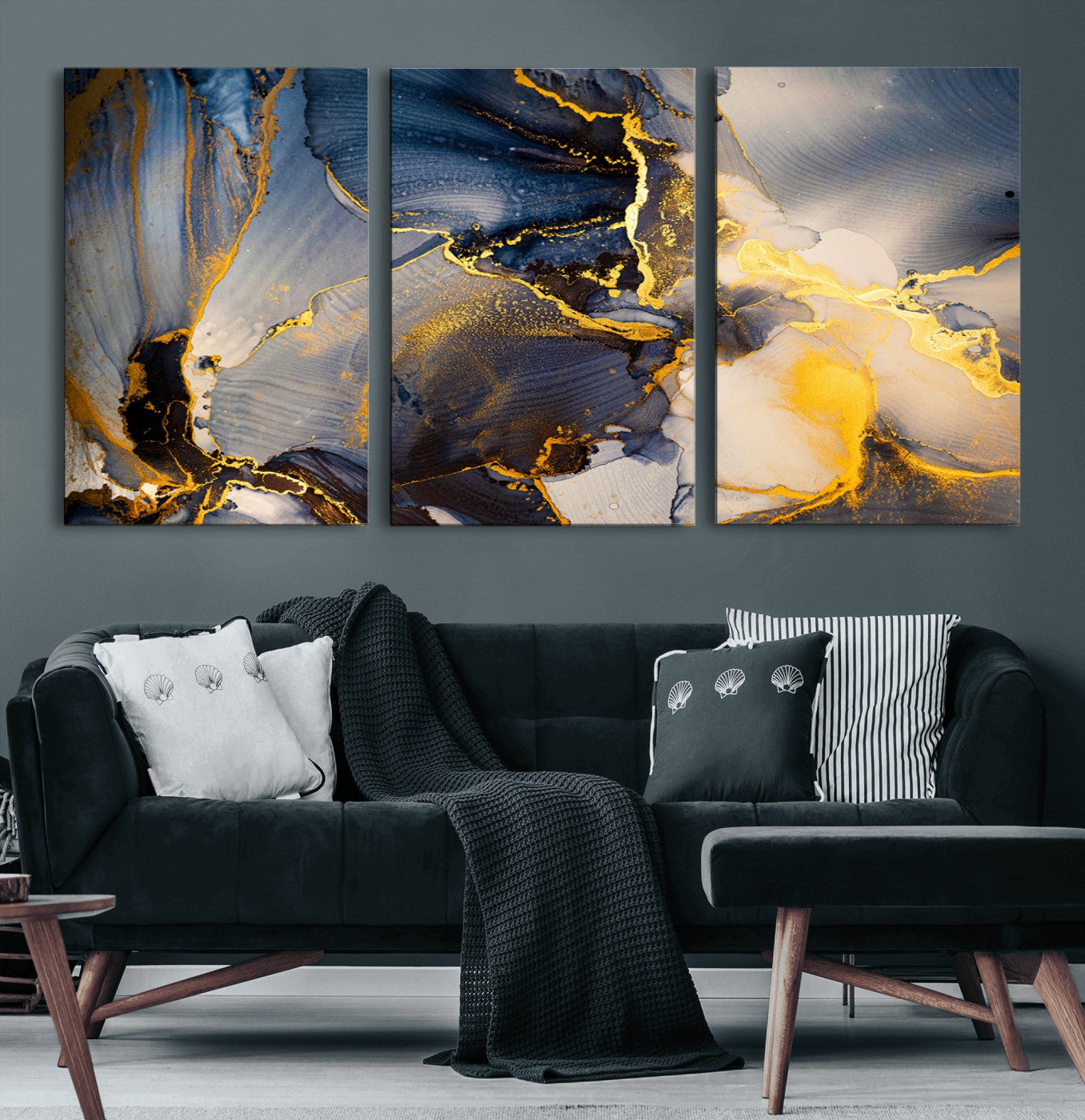 42100-MGV-CV-60X30-3P-Large Abstract Wall Art Print - Gold and Blue Abstract Canvas Wall Art | Fluid Ink Modern Luxury