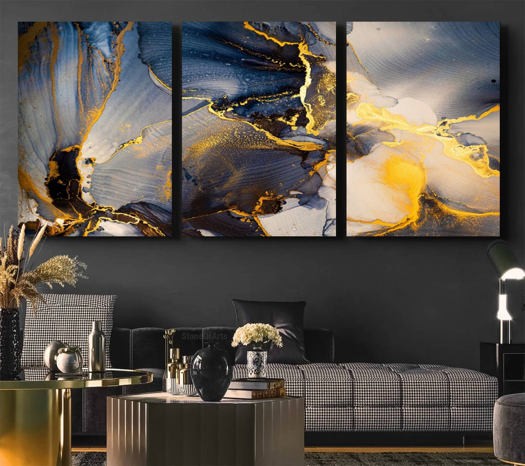 Large Abstract Wall Art Print - Gold and Blue Abstract Canvas Wall Art | Fluid Ink Modern Luxury Wall Decor for Living Room Decor