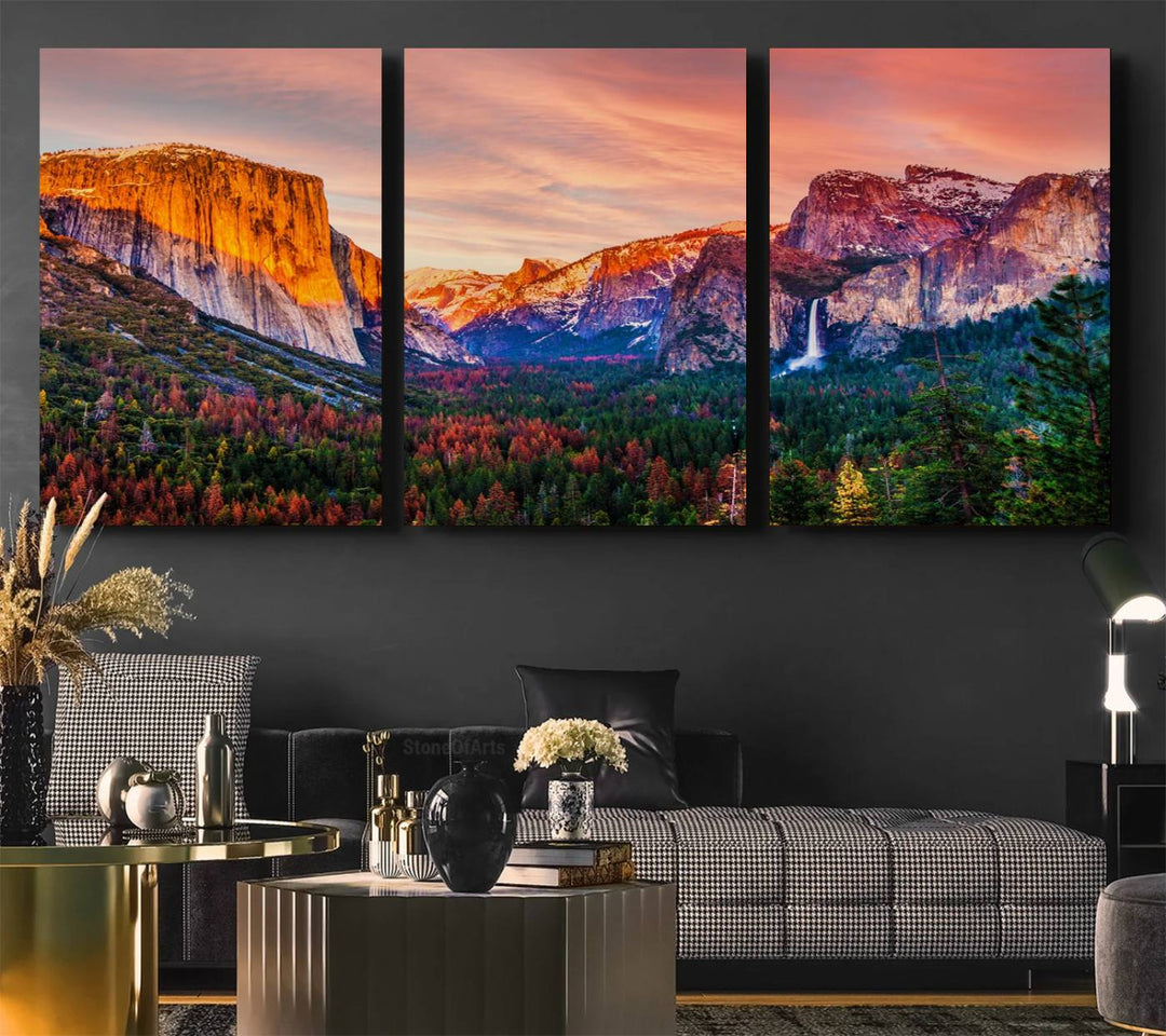 An El Capitan Yosemite Canvas showcasing a sunset over a mountain valley.