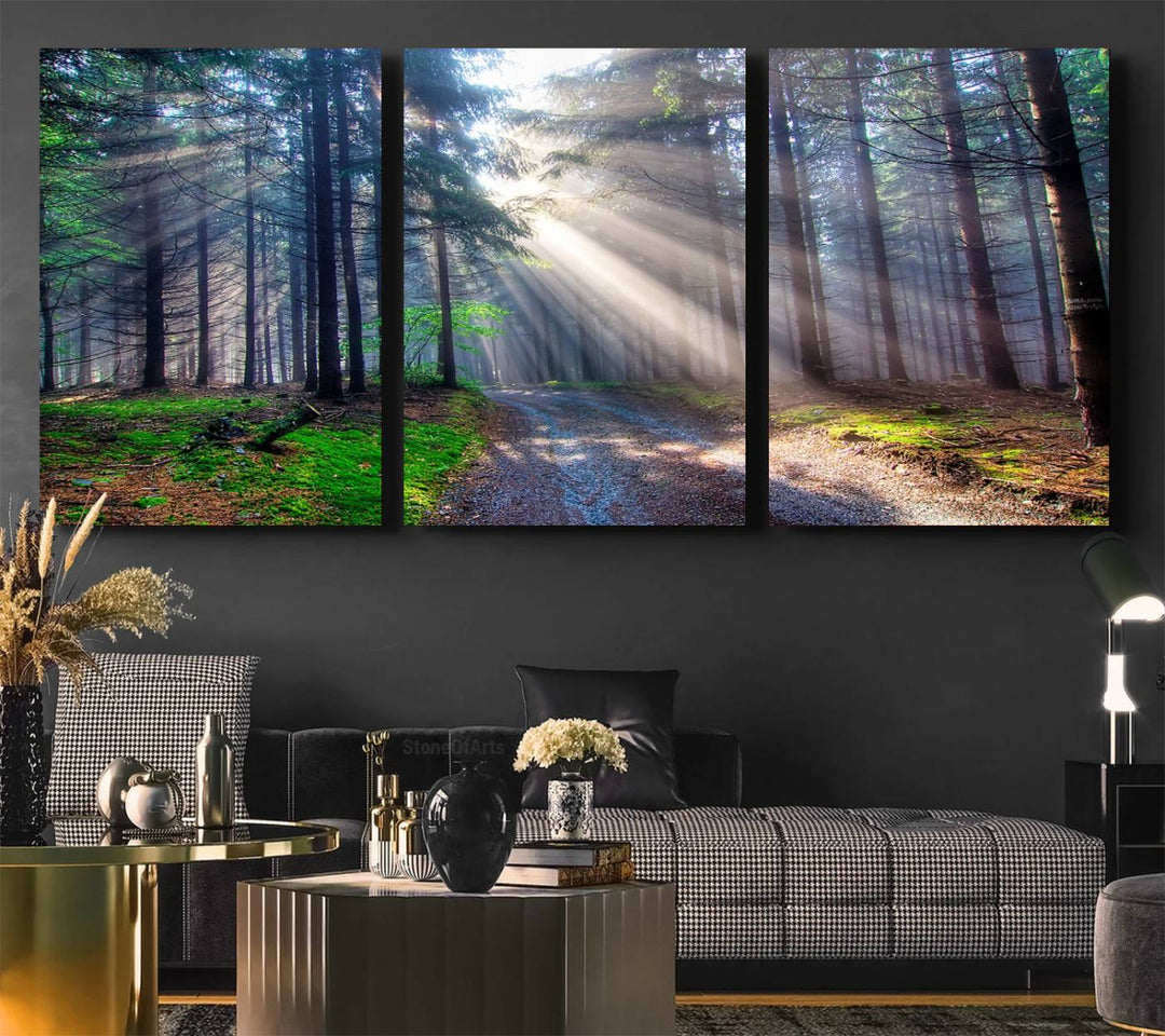 The dining area features a 3-panel Forest Path Canvas showcasing sun rays filtering through a misty forest.