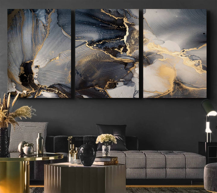 A Modern Marble Fluid Effect Abstract Wall Art with black, white, and gold swirls hangs in a modern kitchen.